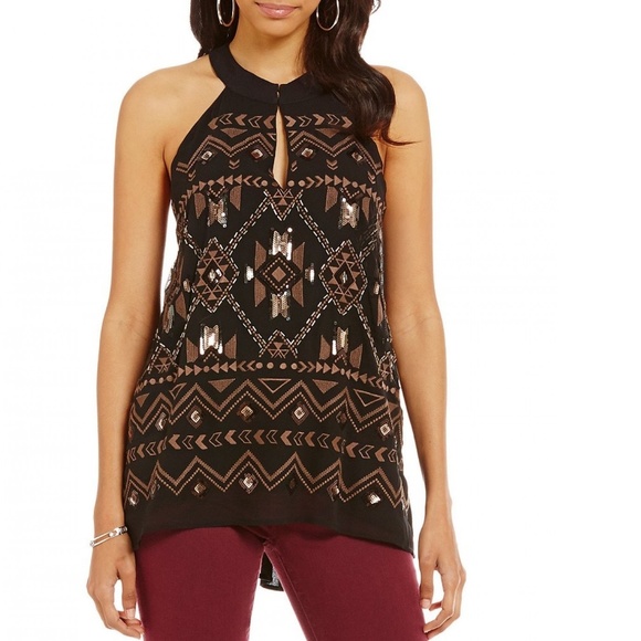 Miss Me Tops - Miss Me Black Keyhole Sequin Halter Top